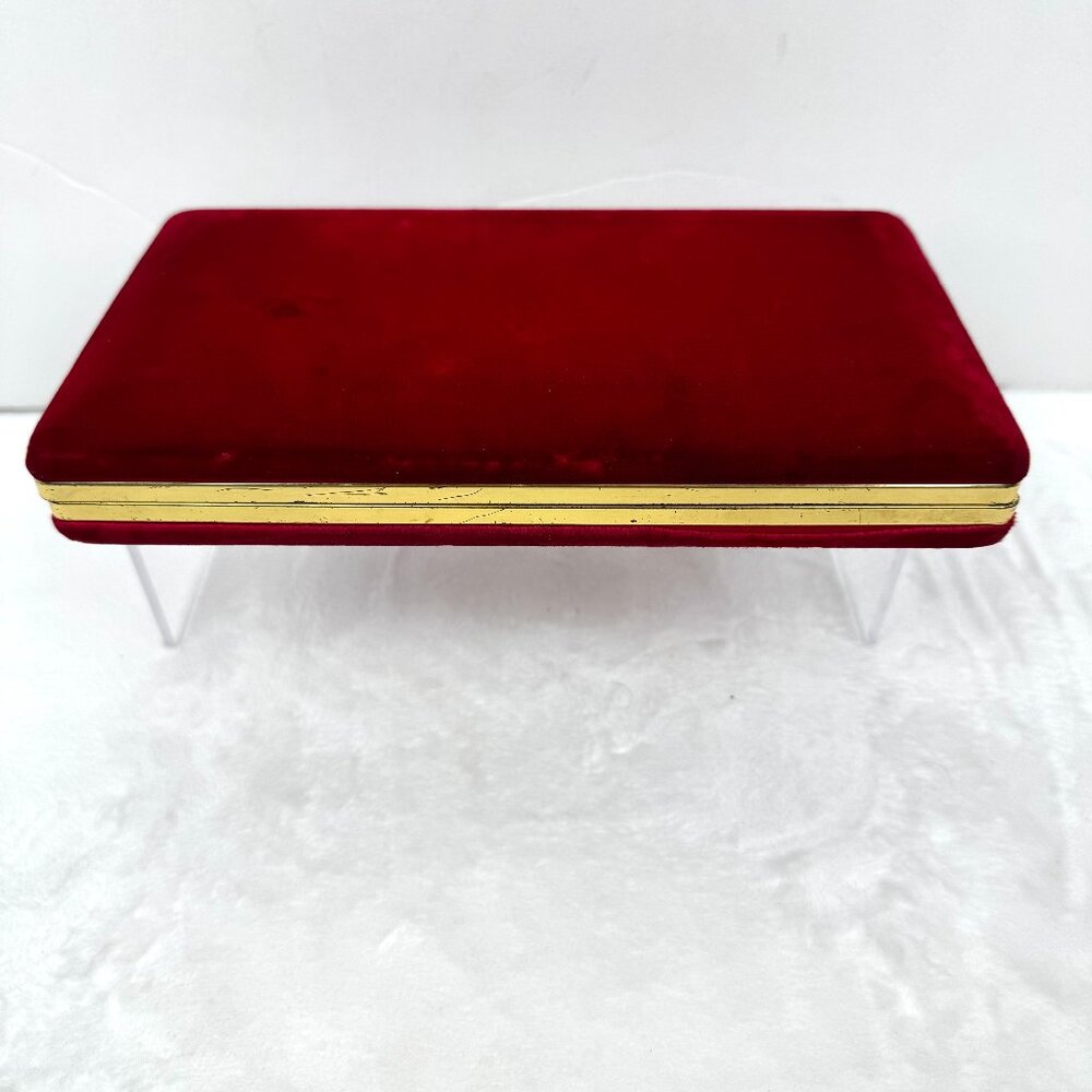 Vtg Mele Red Velvet Jewelry Box Hard Travel Case Lined Clam Shell Style MCM READ